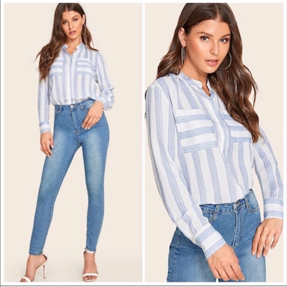 Tops - BLUE WHITE Notched Neck Stripe Blouse - Top